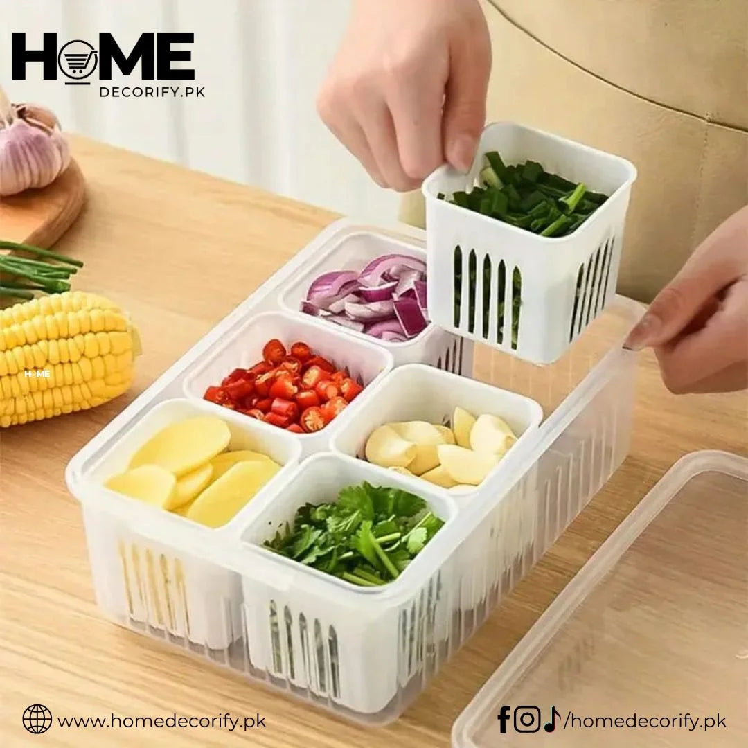 6 Grids Food Storage Container (Masala Storage, Adrak/Lehsan, Vegetables)