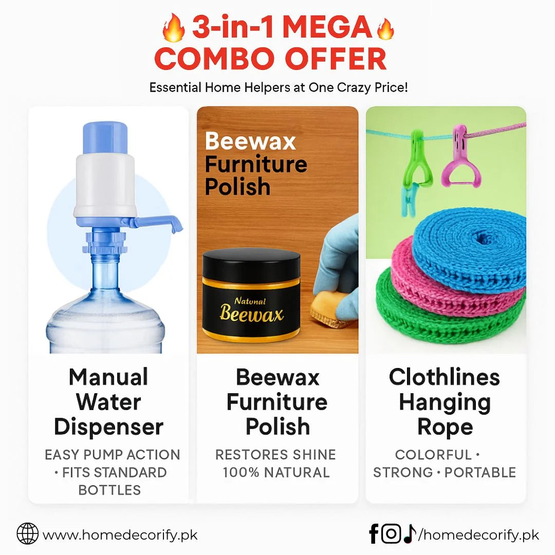 Bachat Deal x 3 (Water Pump Dispenser, Furniture Polish, Clothes Hanging Rope)
