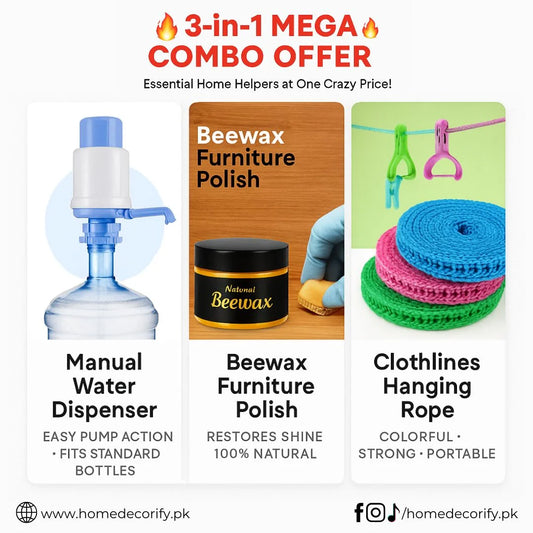 Bachat Deal x 3 (Water Pump Dispenser, Furniture Polish, Clothes Hanging Rope)