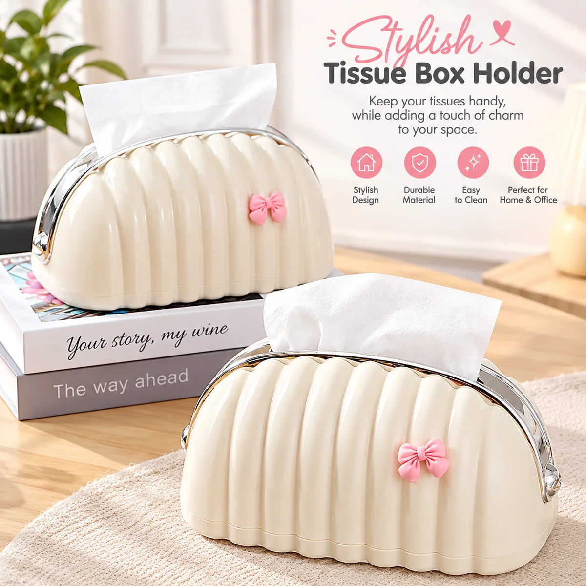 Stylish Tissue Box Holder with Pink Ribbon